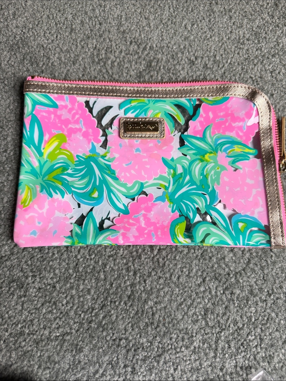 Lilly Pulitzer Hot Pink Floral Cosmetic Pouch with Teal Leaves